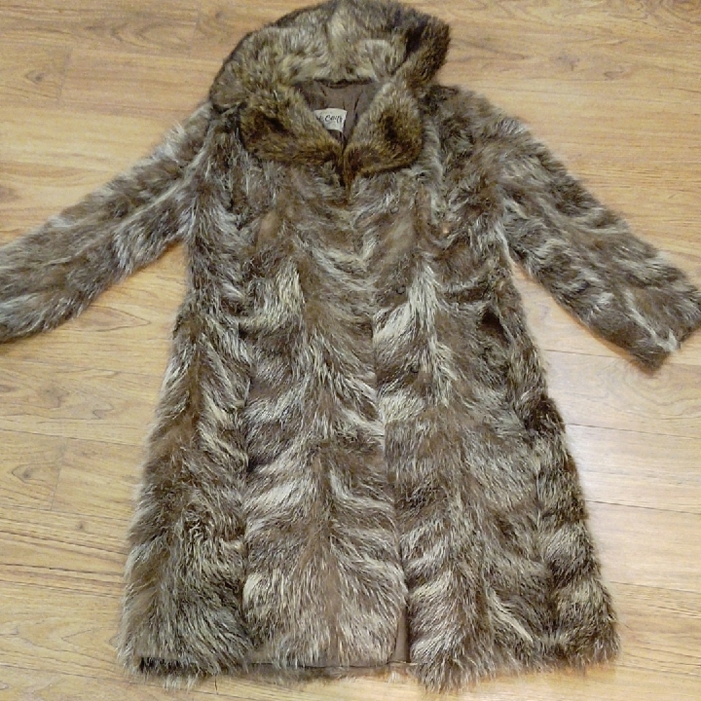 Vintage Brown Coyote Fur Long Coat Jacket Womens Small S RARE